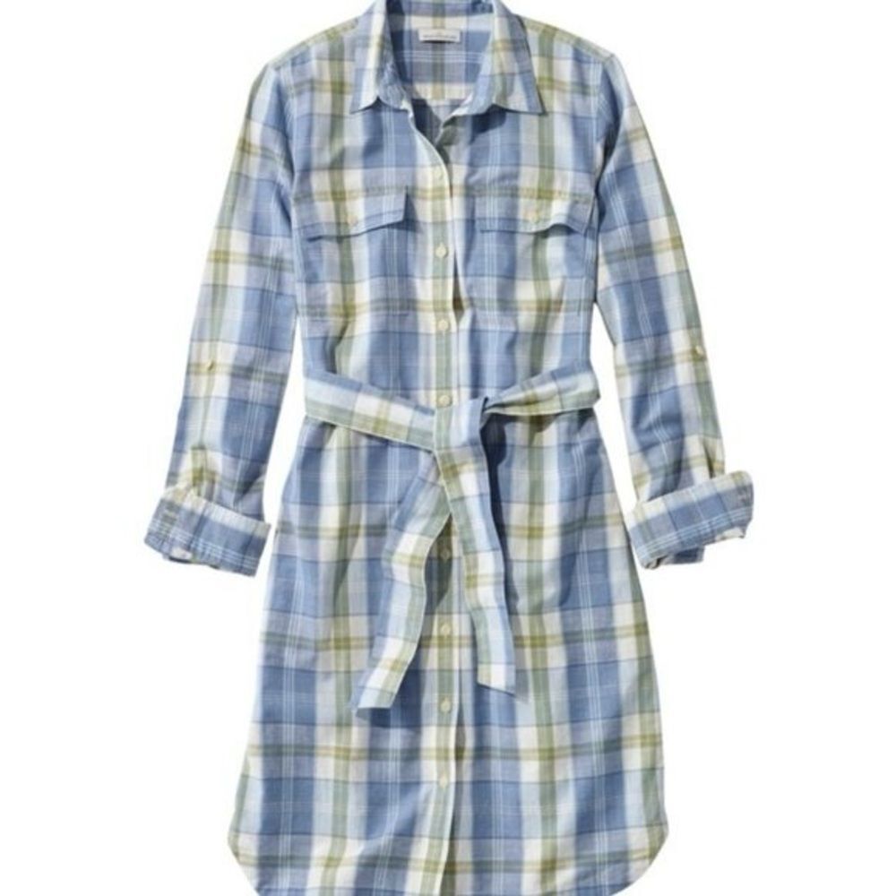 NWT LL Bean Signature Petite Camp Blue Plaid Shirt Dress with waist tie belt XS